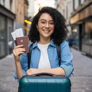 Tourist Woman Holding Travel Suitcase Passport With Tickets With Smile Face Happy Positi 926199 3502620 300x300
